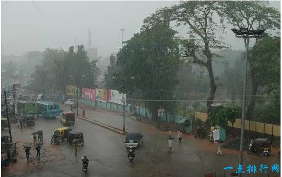 印度芒格洛尔（平均年降雨量：3,398毫米）